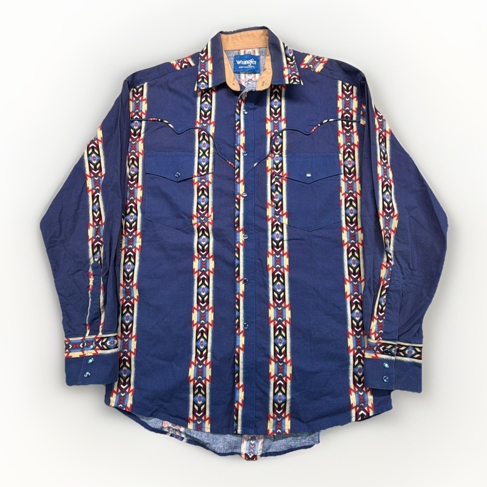 Wrangler Brushpopper Blue Western‎ Pearl Snap Aztec Southwest Print Sz XL